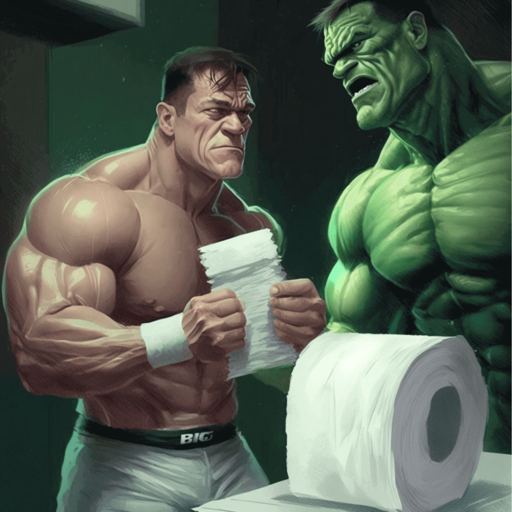 John Cena and the Incredible Hulk in the bathroom.