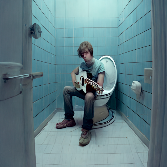 man with guitar in toilet