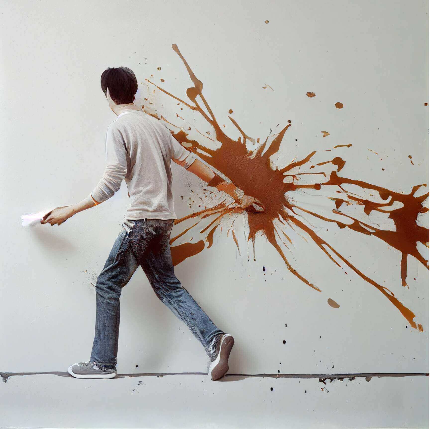A man walking next to a brown-splattered wall