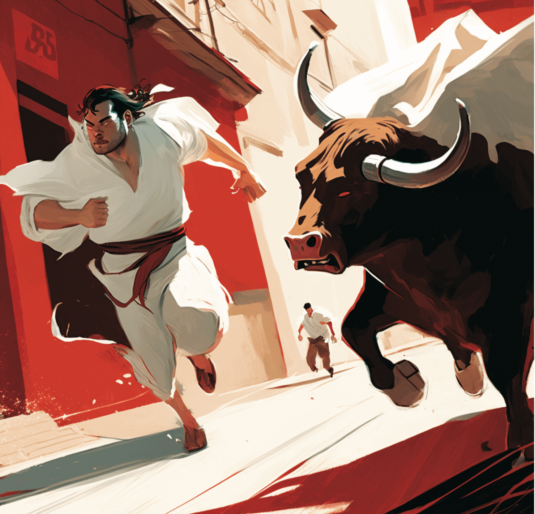 Guy dressed in white, running from a bull.