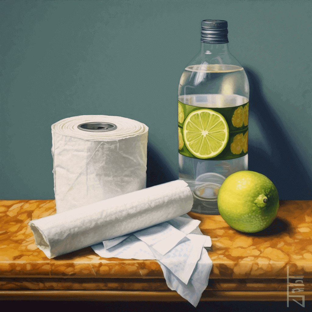 A roll of toilet paper next to a bottle of tequila