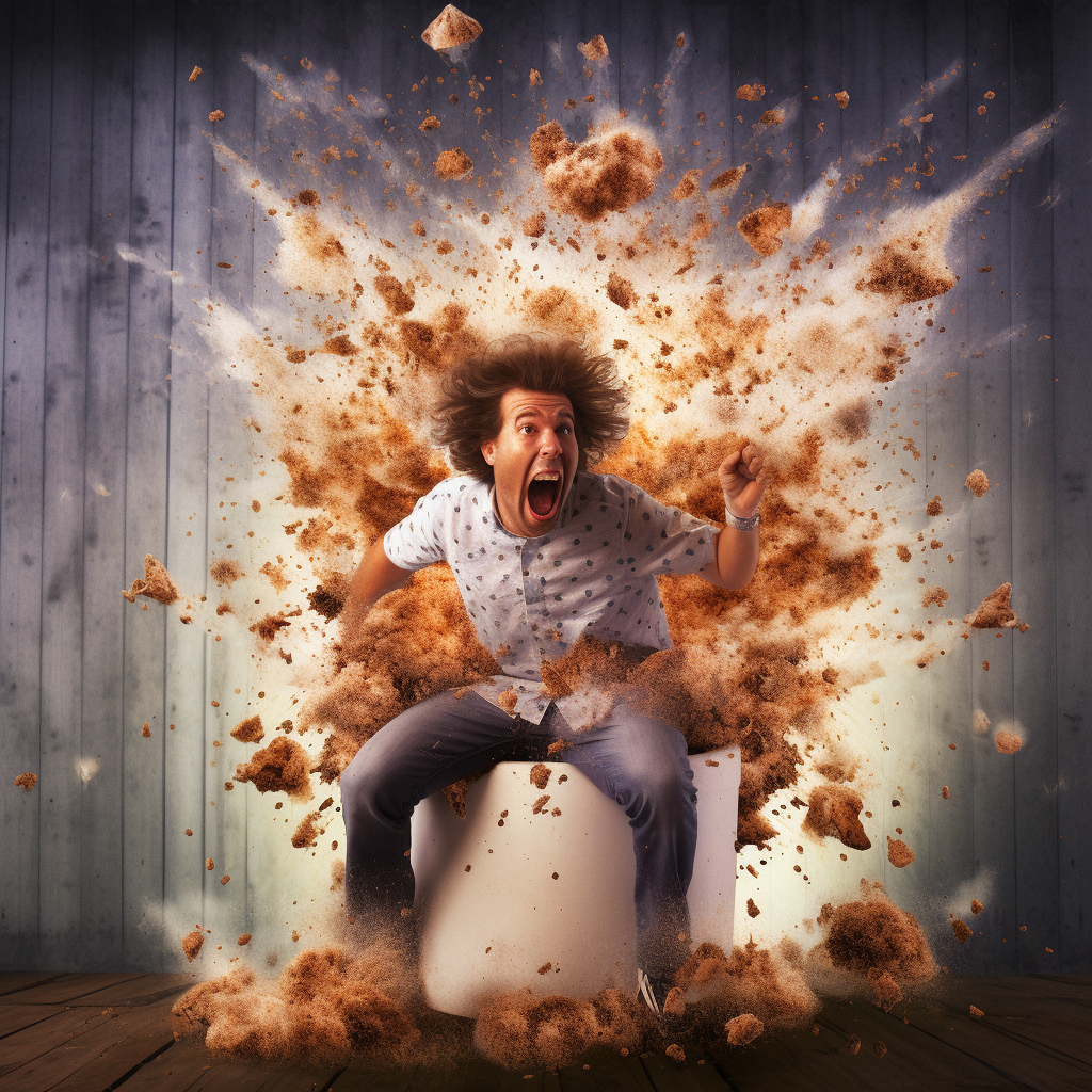 A guy exploding off the toilet seat.