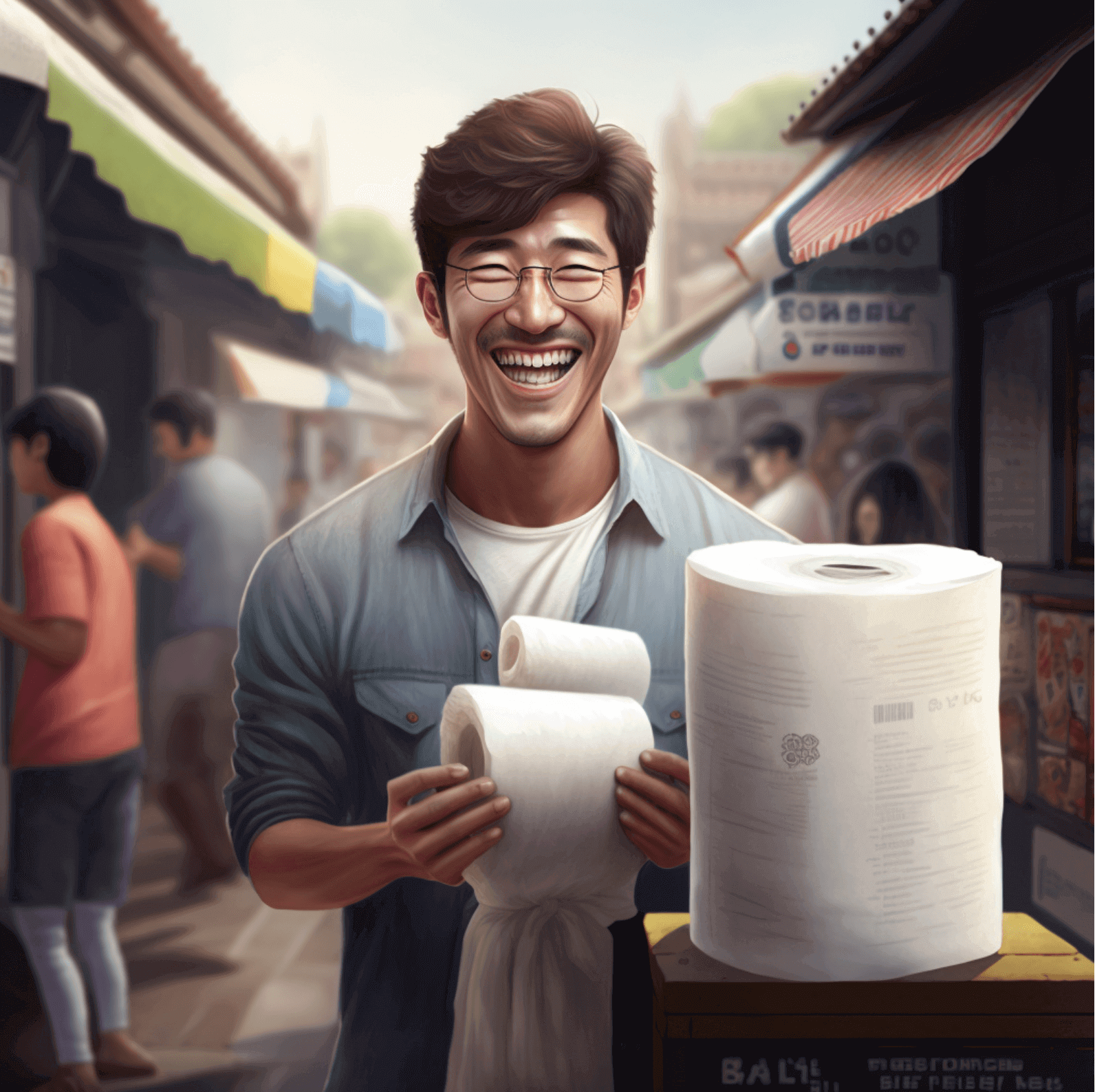 A guy standing in front of a street vendor, holding toilet paper.