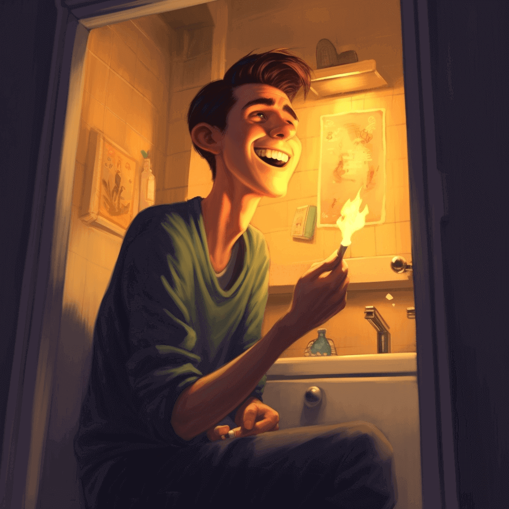 A guy lighting a match in the bathroom