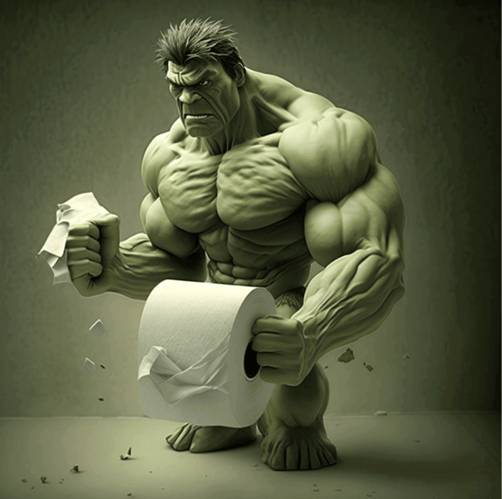 The Incredible Hulk ripping off a piece of toilet paper