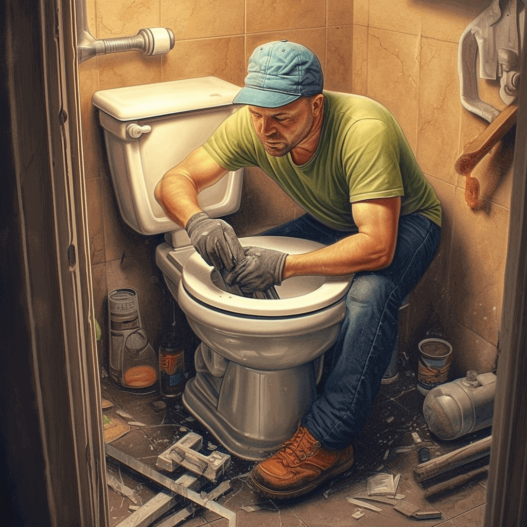 A plumber fixing a toilet