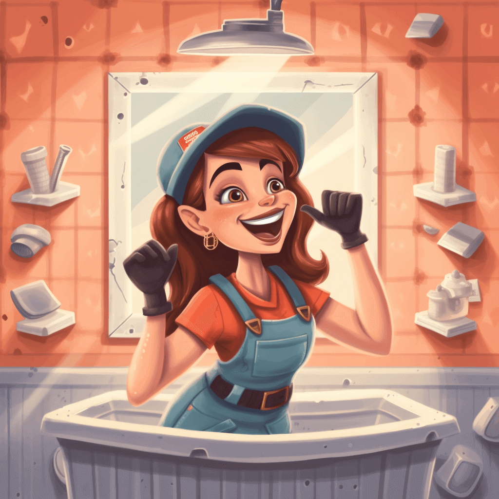Lady plumber. smiling proudly in a bathroom
