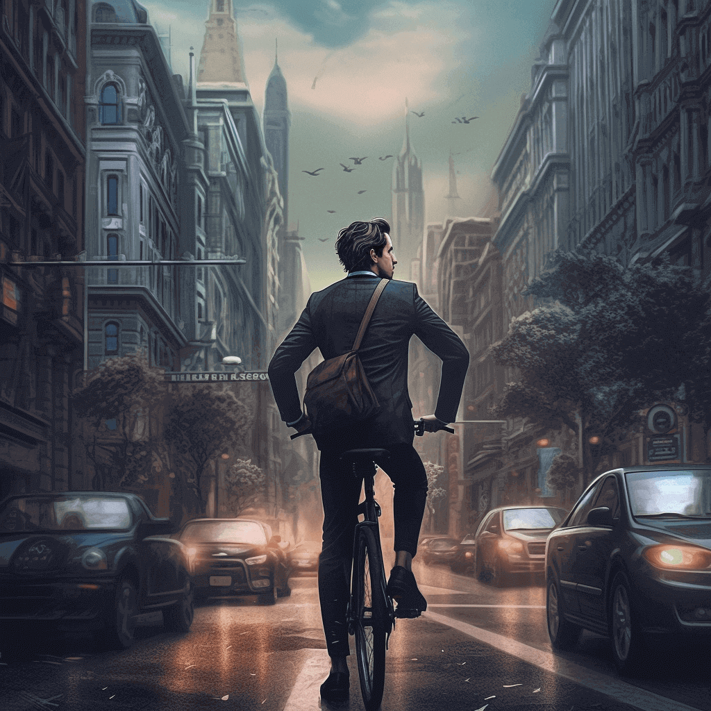 Man in suit biking with birds in the air in front of him