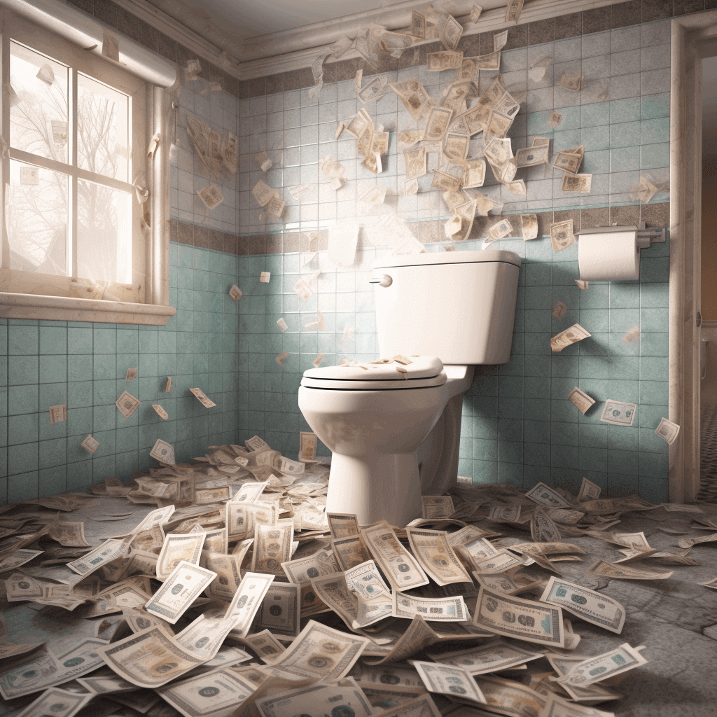 A bathroom toilet surrounded by money