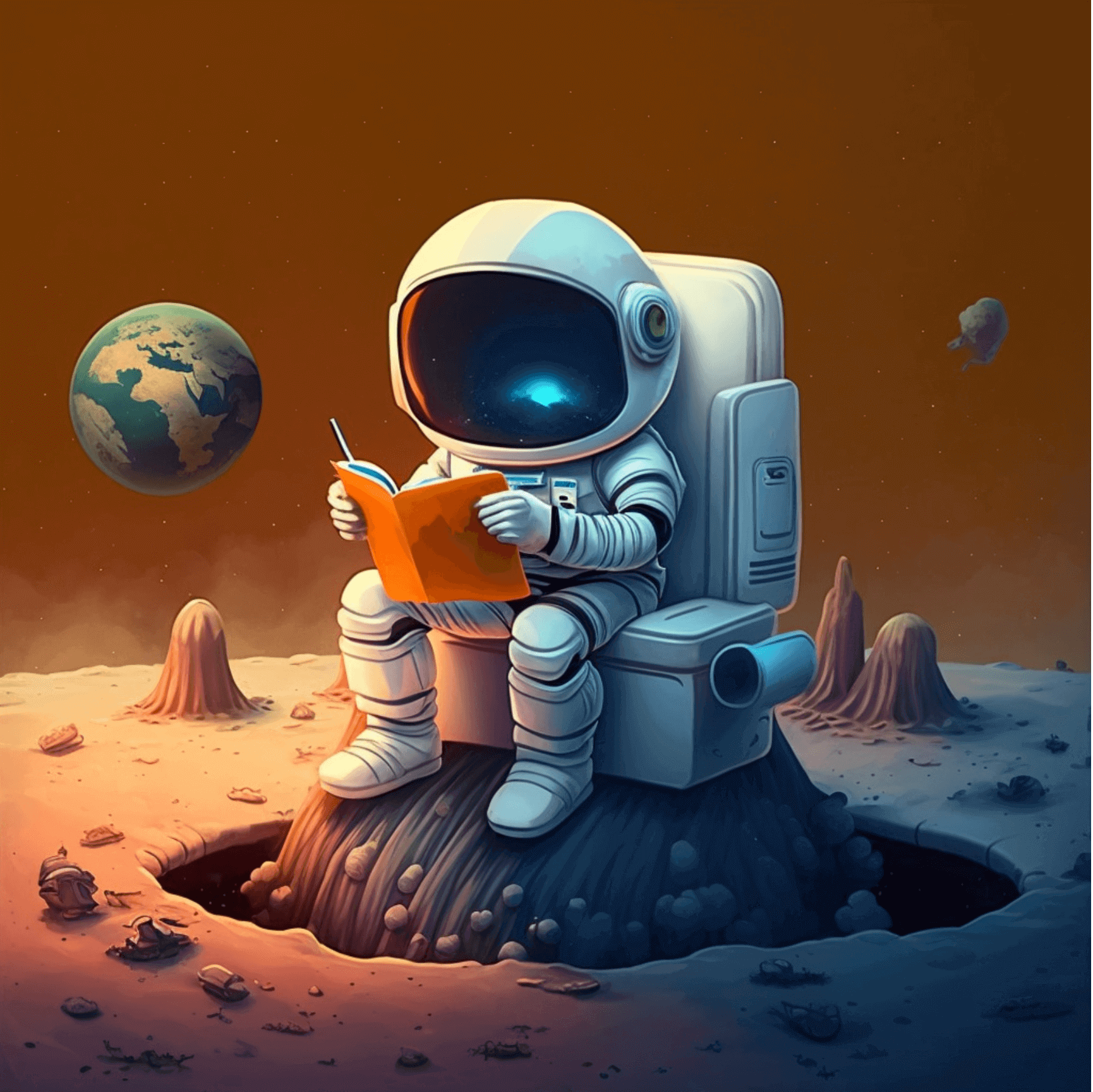 Spaceman reading book on a another planet.
