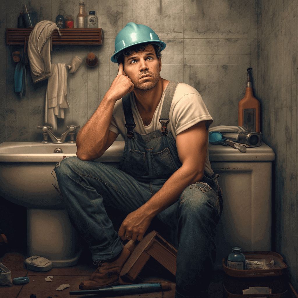 Plumber thinking in the bathroom