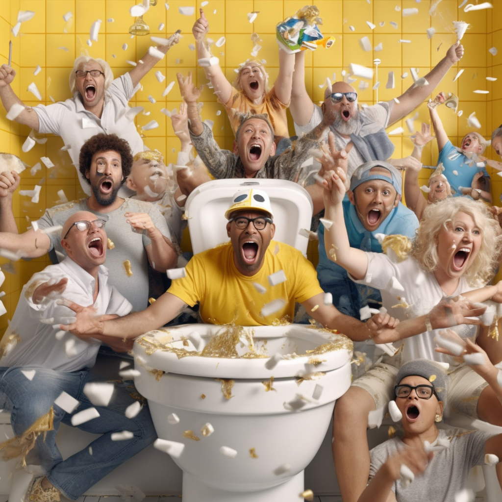 group of people celebrating around an over-sized toilet