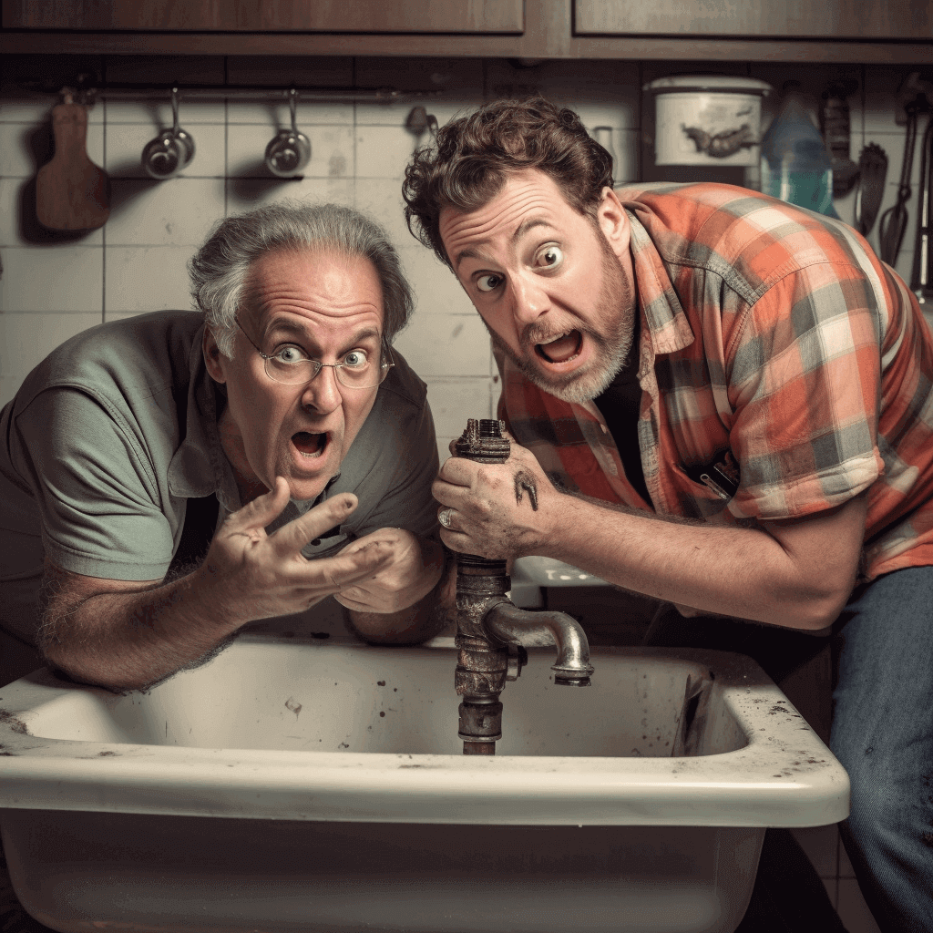 Two men standing over a broken sink.
