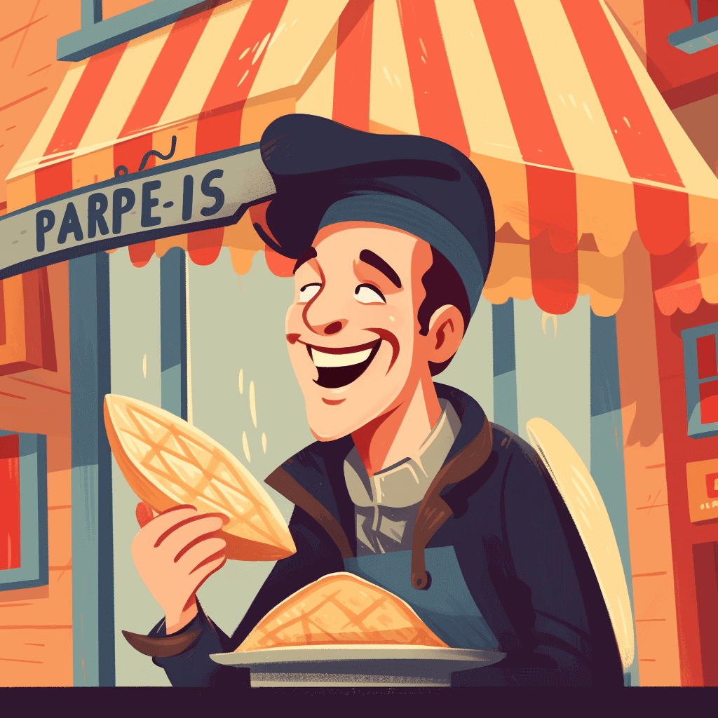 French man, wearing a beret, eating a crepe in front of a creperie.