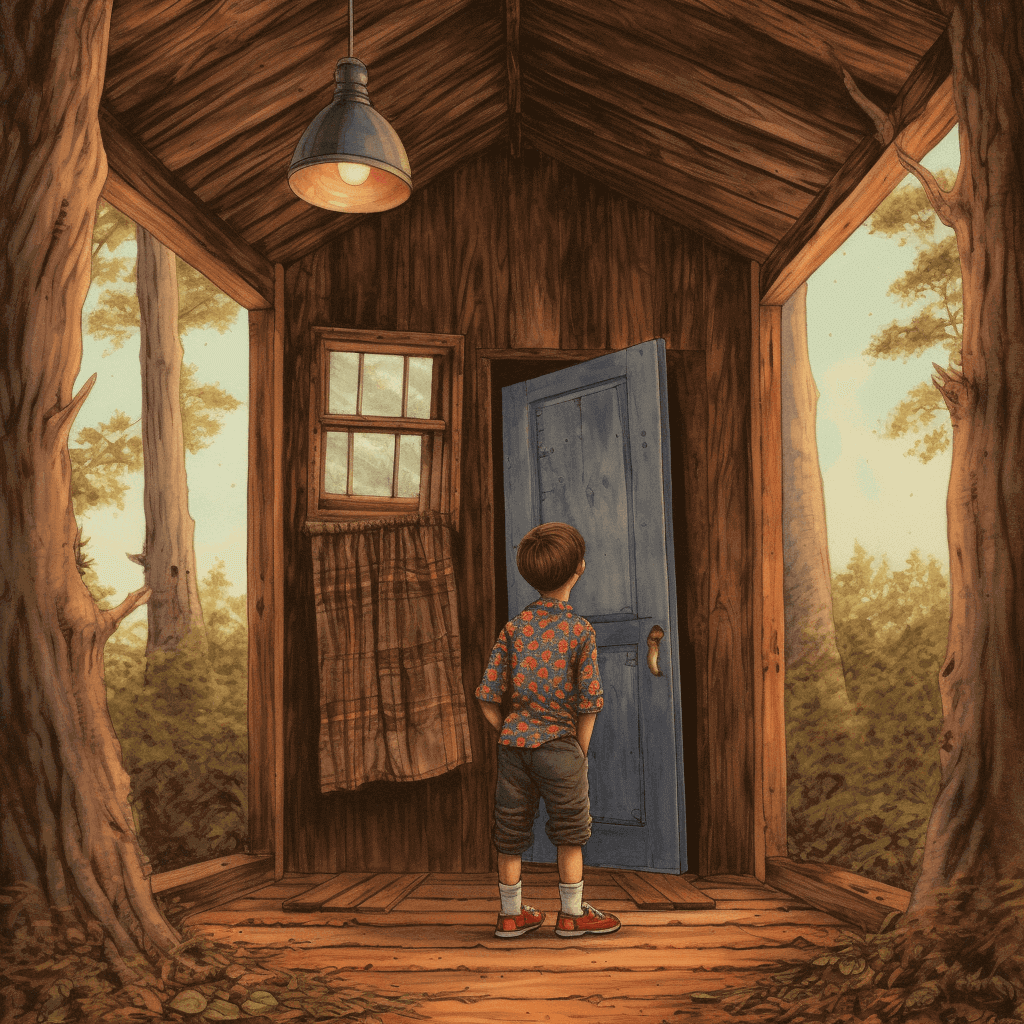 child in woods in front of a door