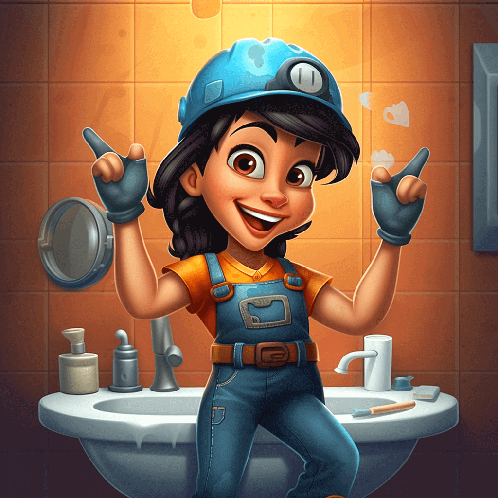 A cartoon female plumber, happy in the bathroom