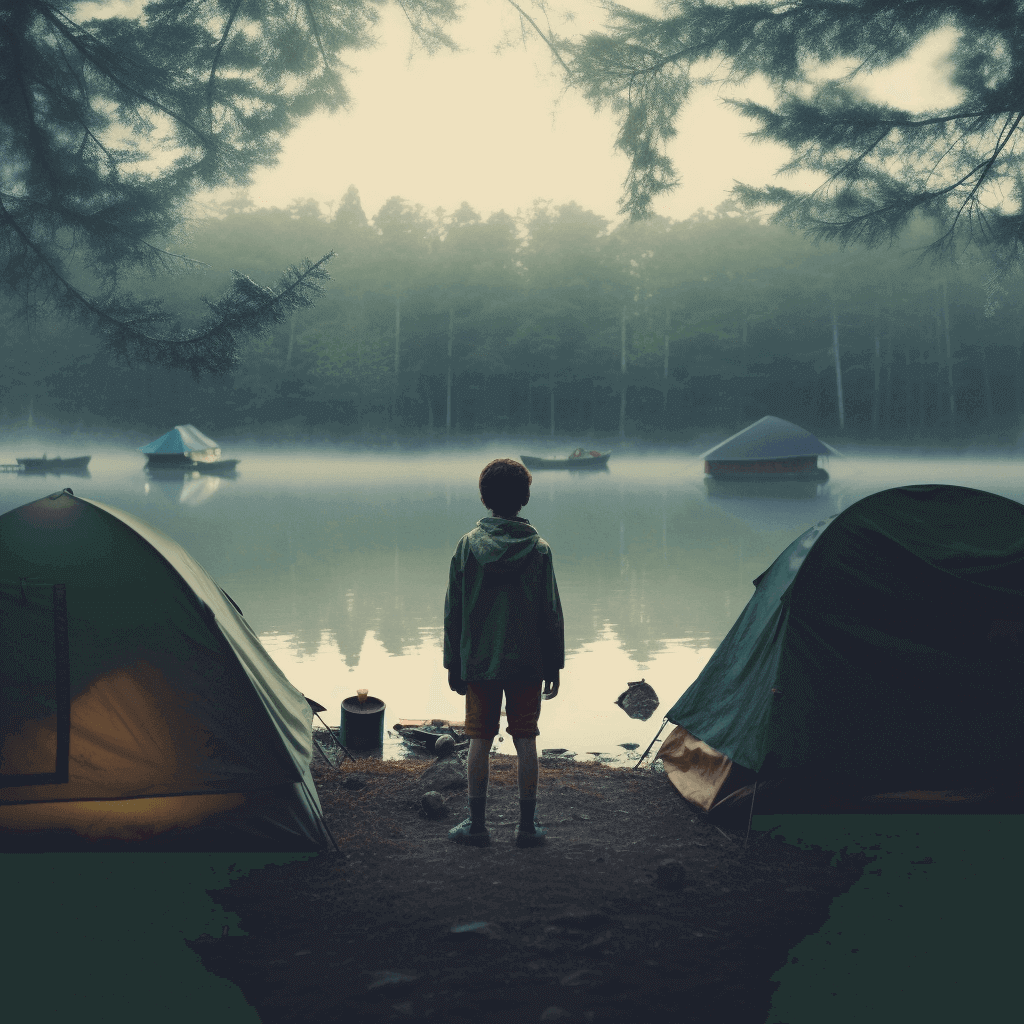 child standing between two tents by a lake