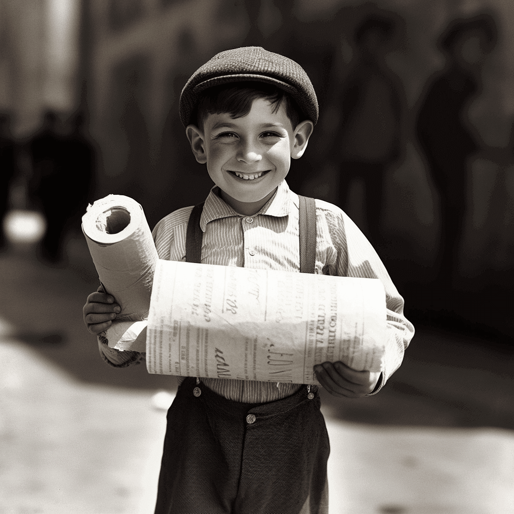Newsie holding a newspaper that looks like a large toilet paper roll