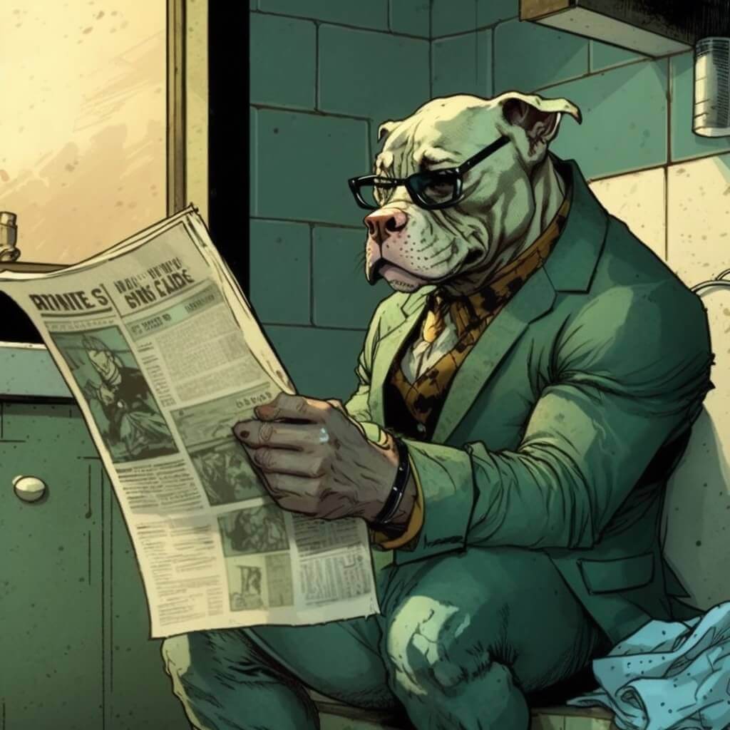Dogface man reading newspaper on a toilet