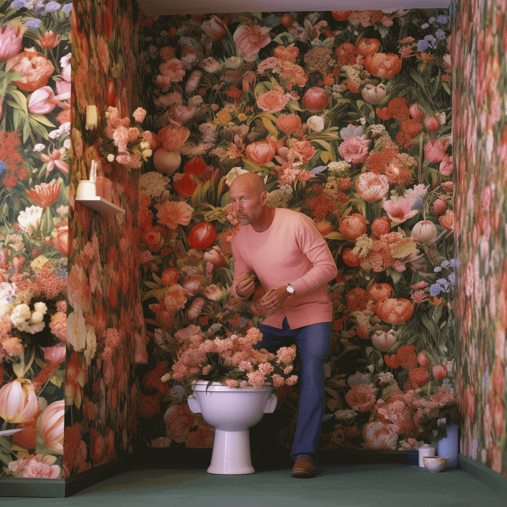 Man surrounded by flowers standing next to a toilet full of flowers