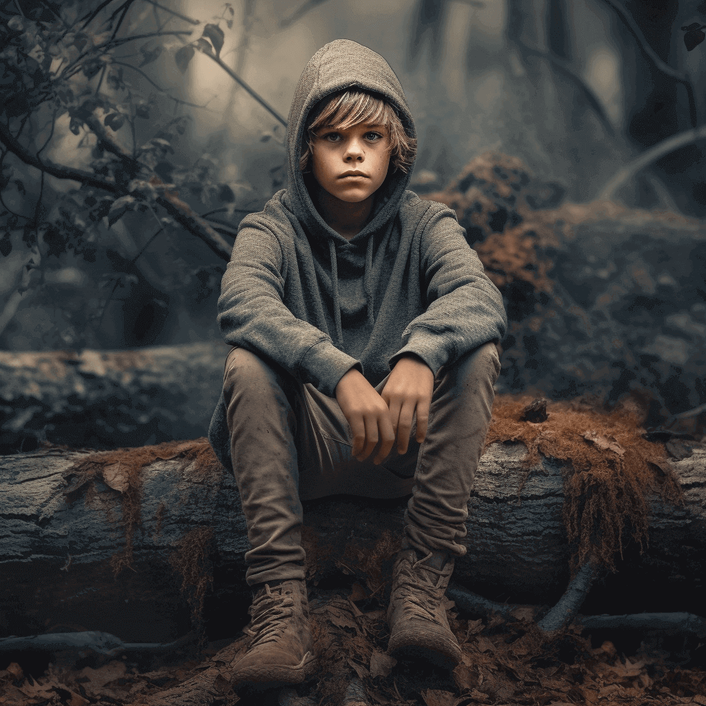 child upset in the woods in a hoodie