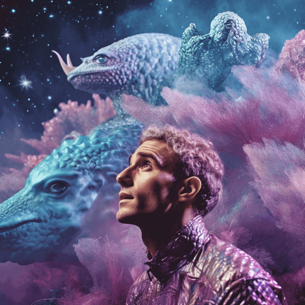 A man in purple fog next to large dragon creatures
