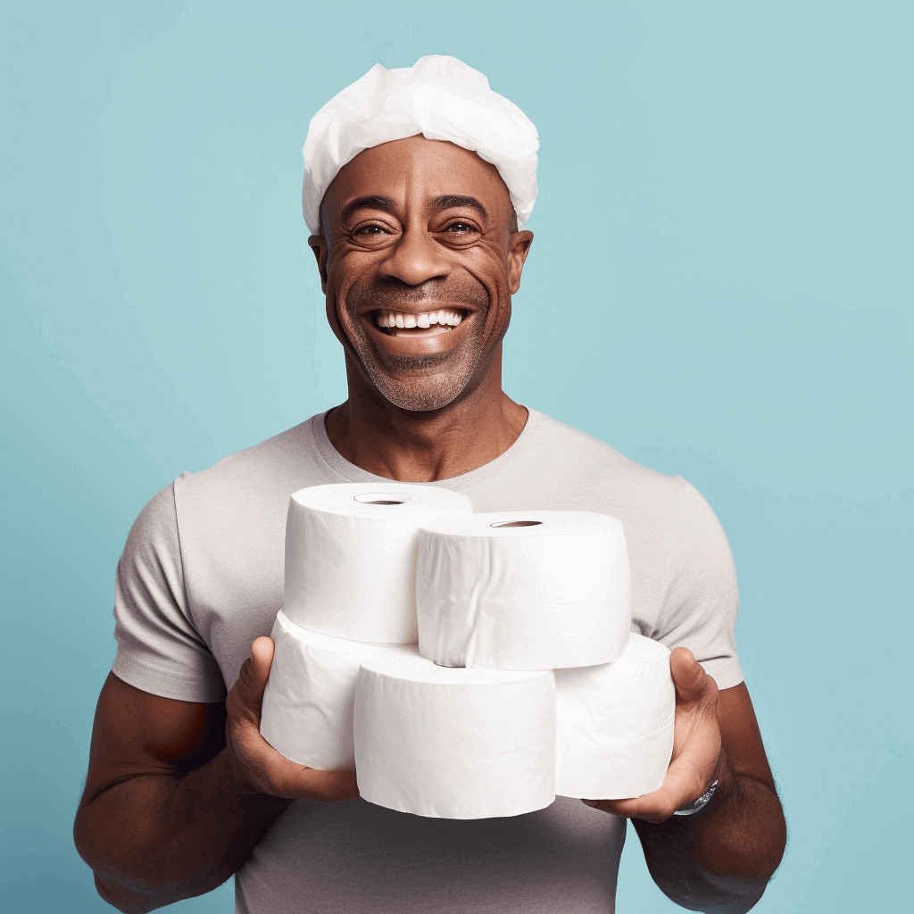 man happily holding many rolls of toilet paper