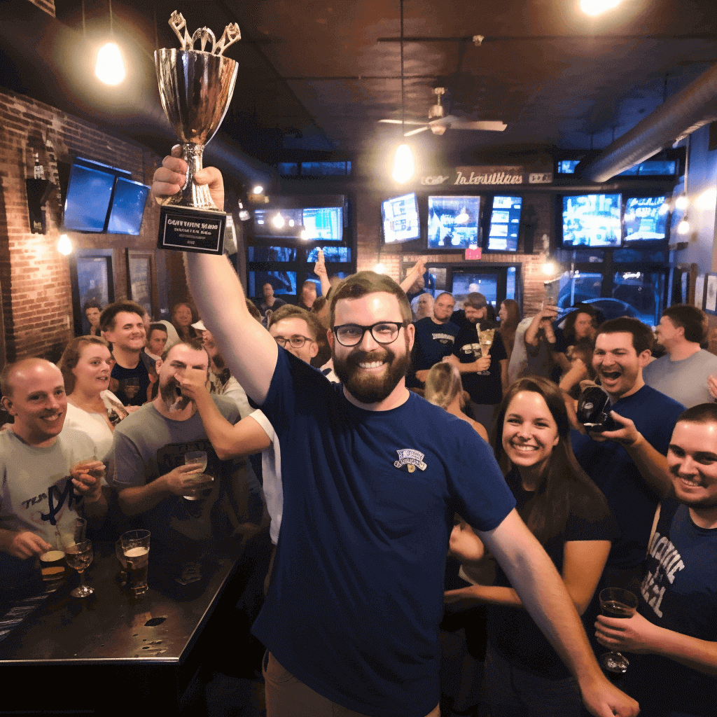 Man holding a trophy in a bar in front of a smiling crowd