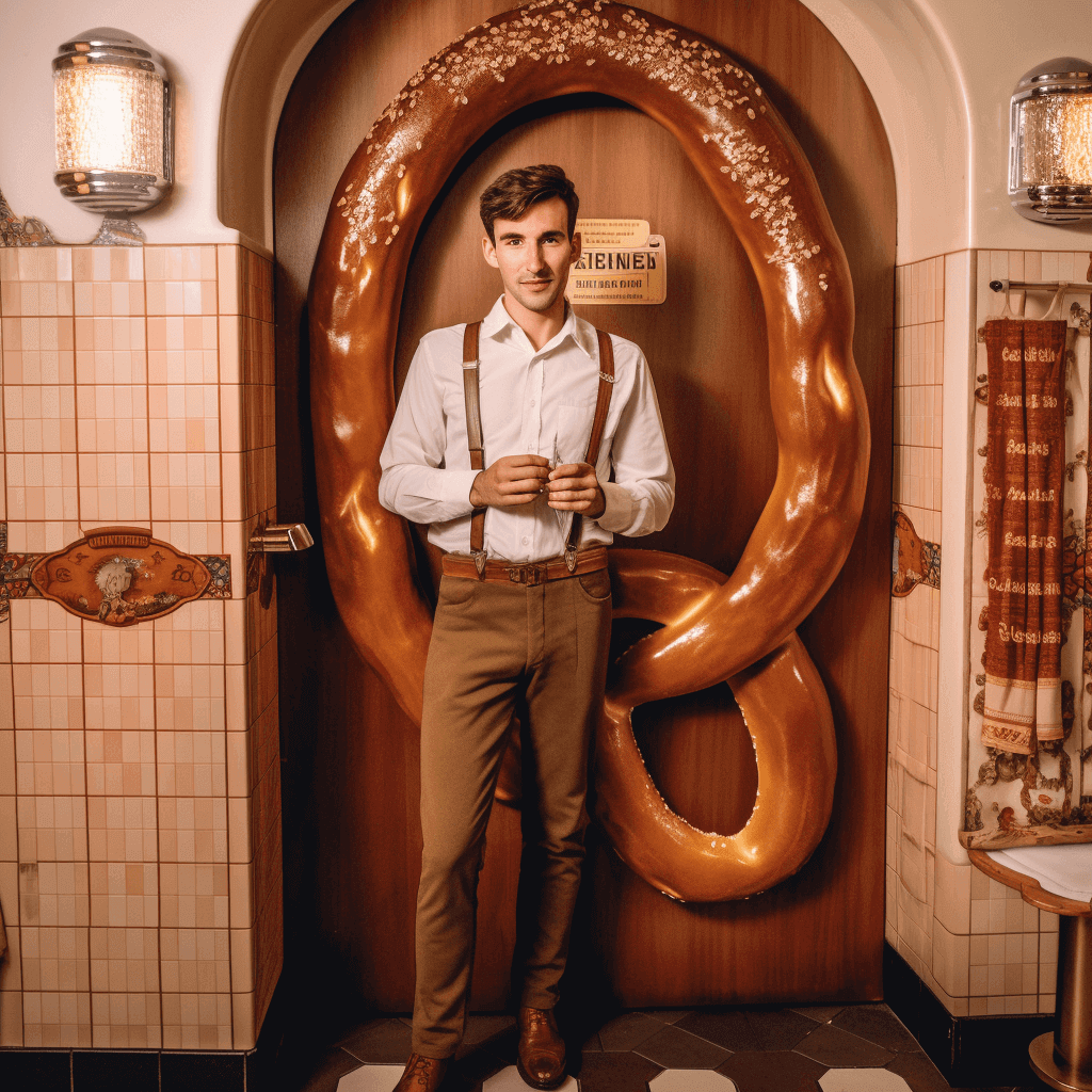 man standing in front of a giant pretzel