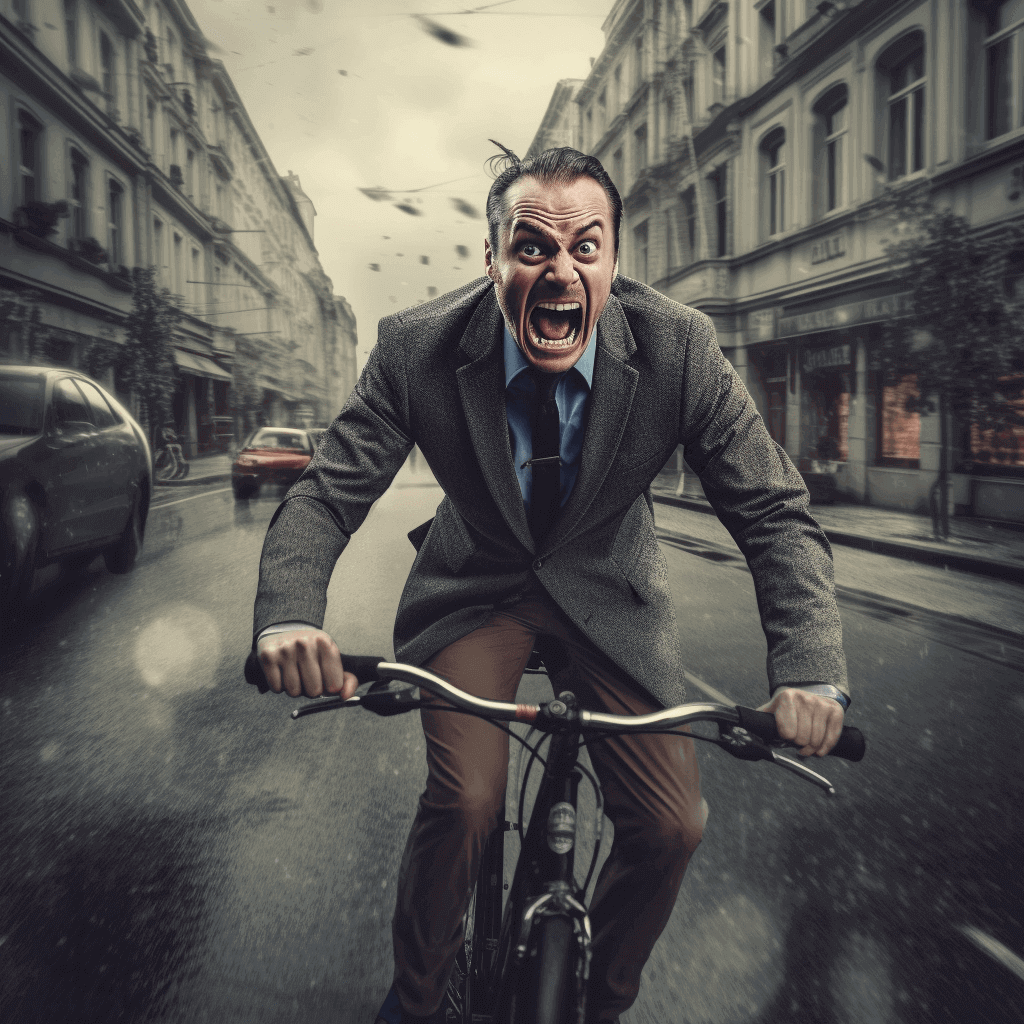 Man in a suit on a bike yelling