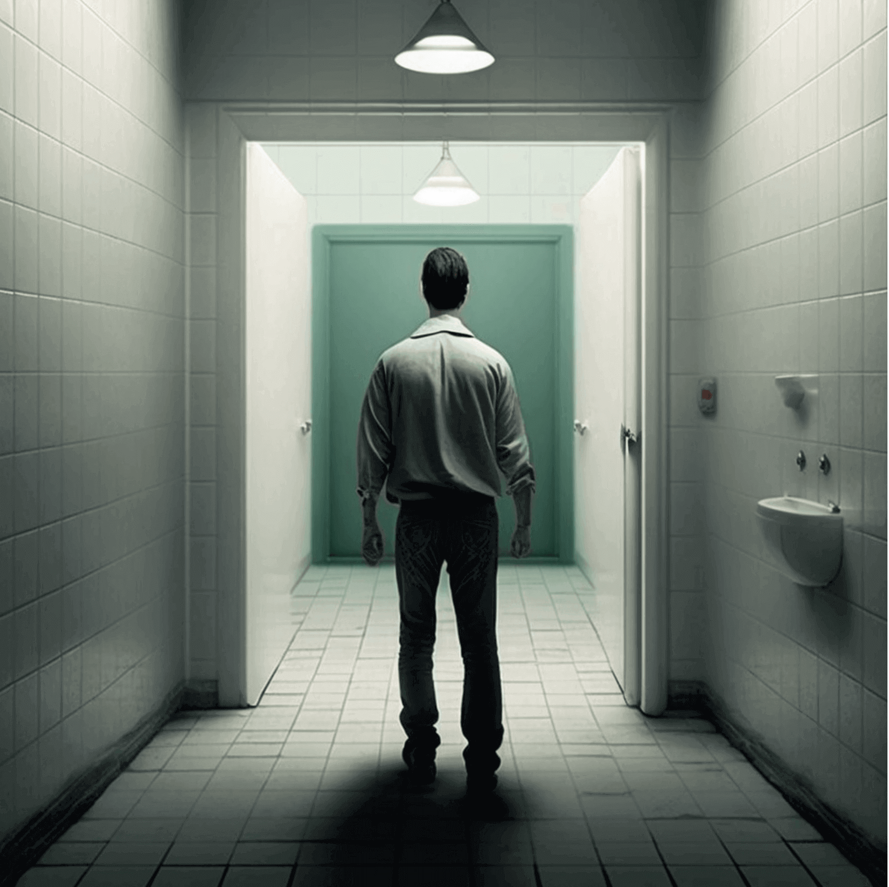 View of man from behind as he stands in front of a bathroom door