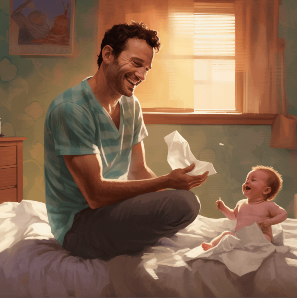 Dad with baby on bed, holding baby wipes.