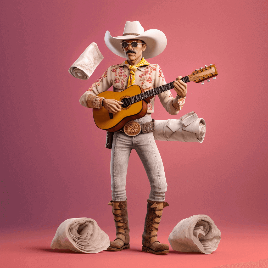 Animated man in cowboy hat with toilet paper around him