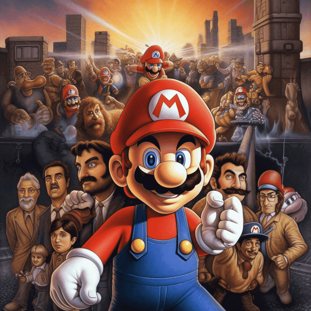 Animation of Mario in front of various people and characters