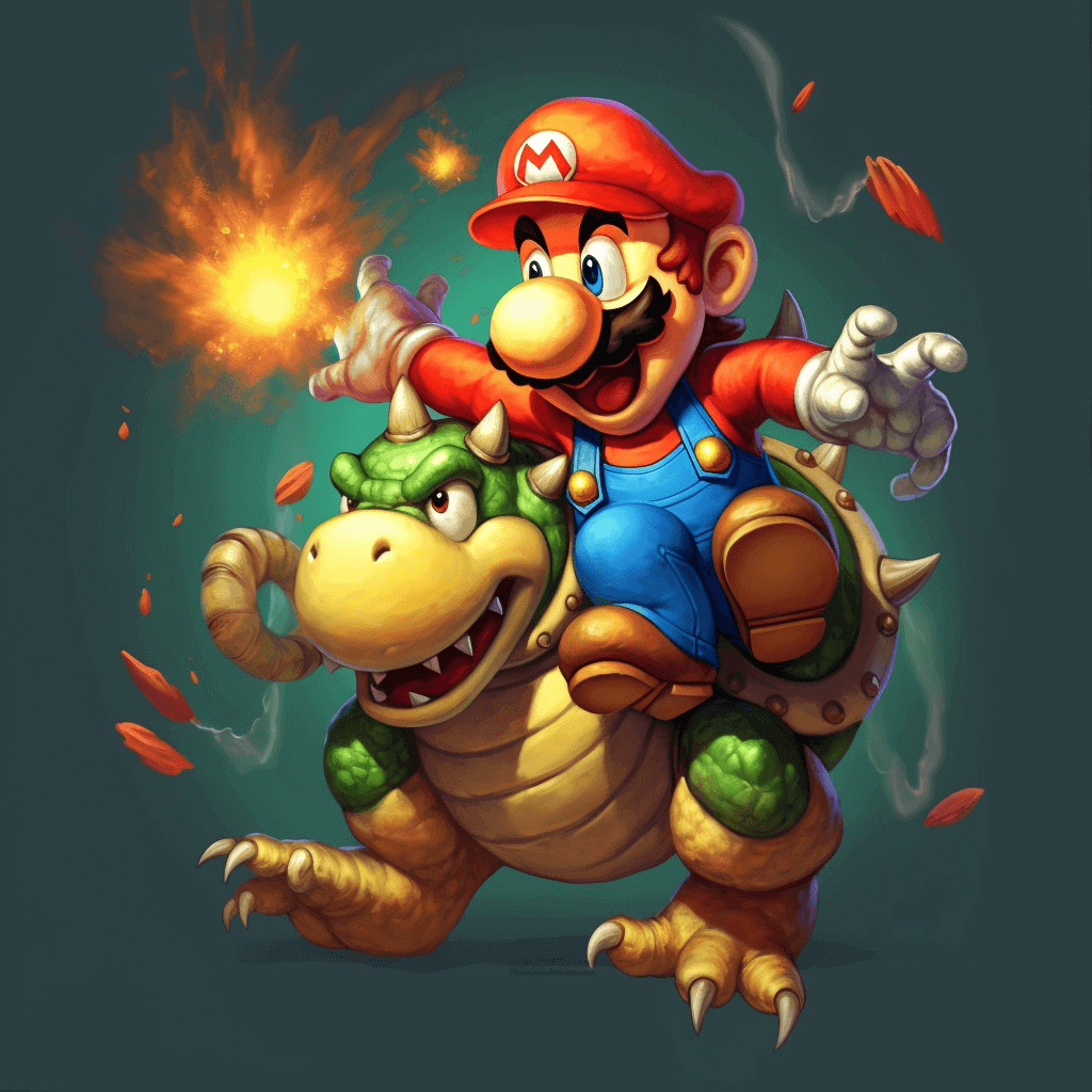 Mario riding Bowser with a fireball in his hand