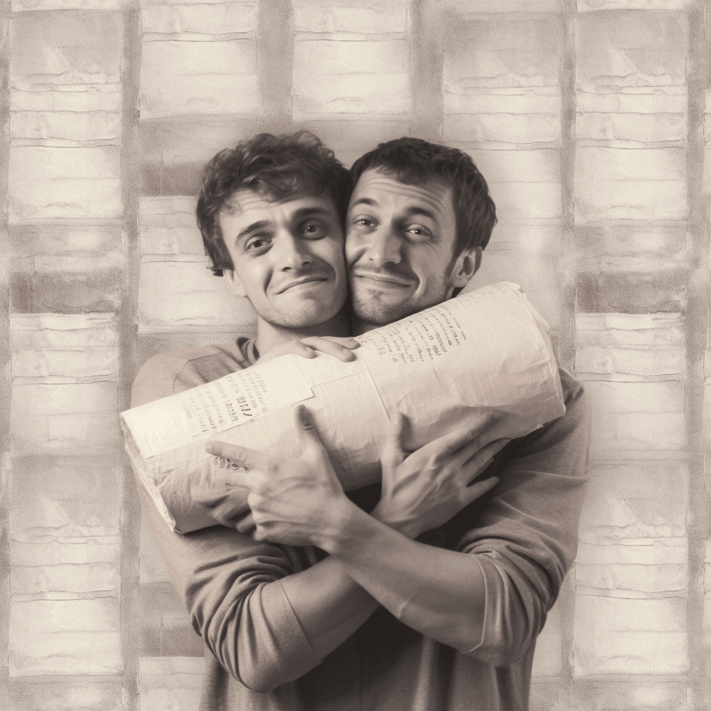 Two men holding a large toilet paper roll while smiling