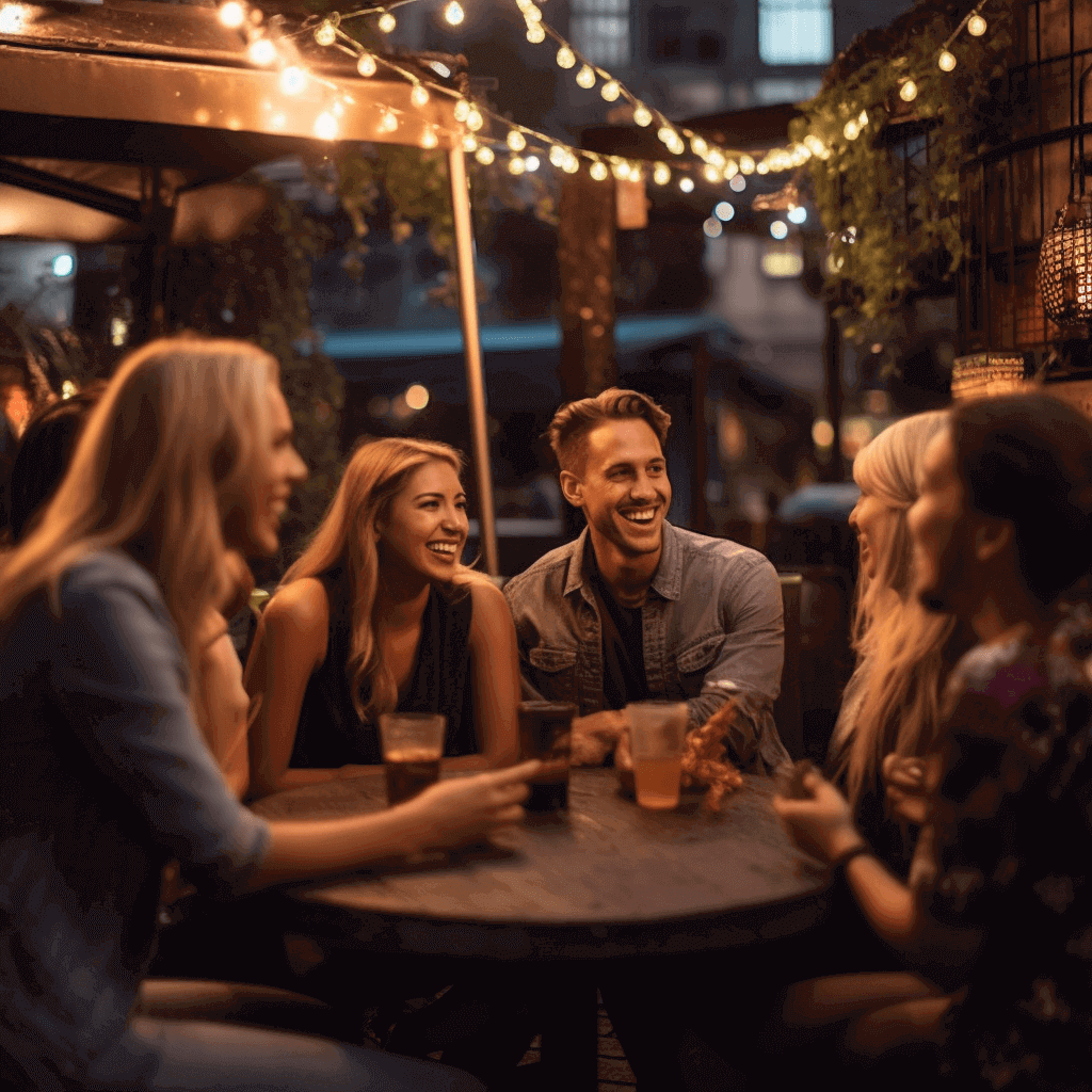 People laughing at a bar