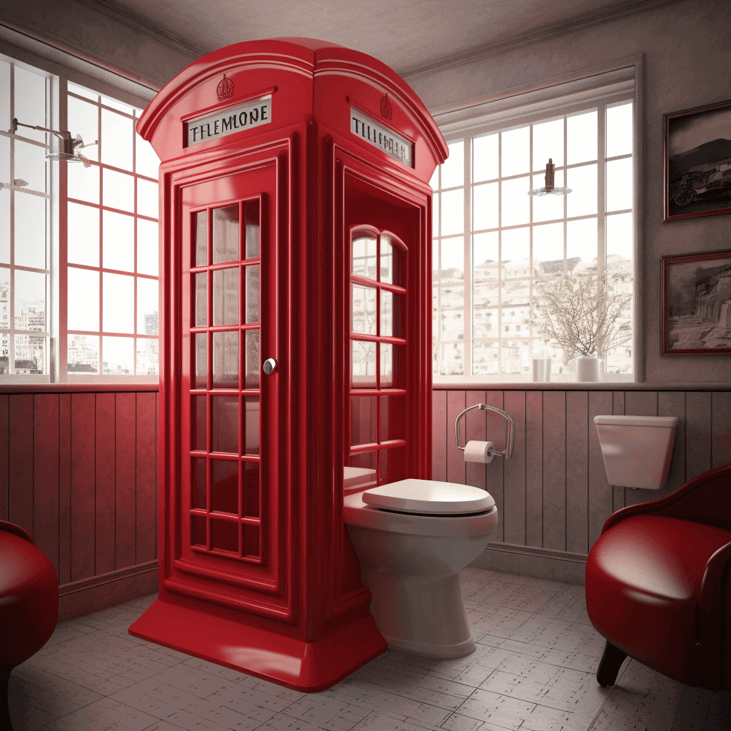 British phone booth attached to a toilet in a bathroom