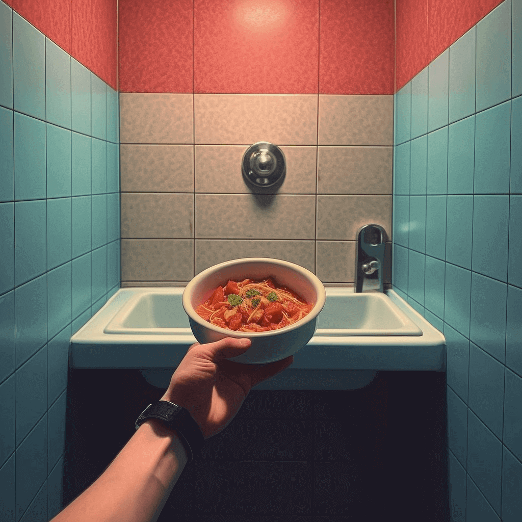 Arm holding a bowl of poke over a bathroom sink