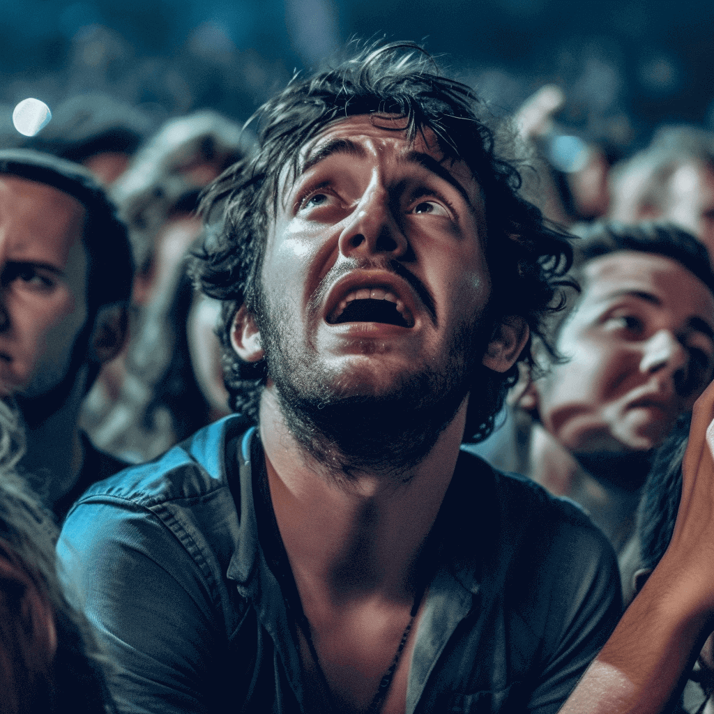 Man looking scared in a crowd