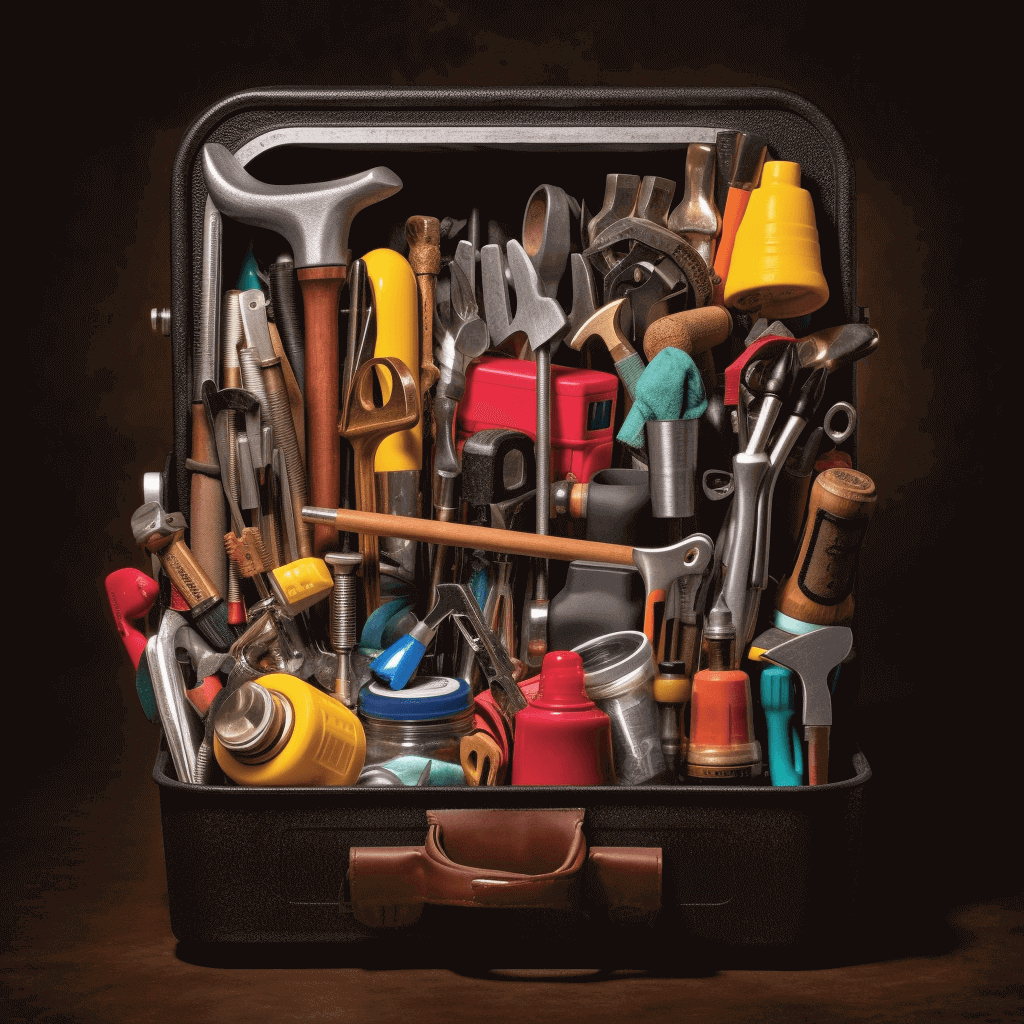 An open tool box, full of tools.