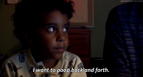 GIF of child saying "I want to poop back and forth"