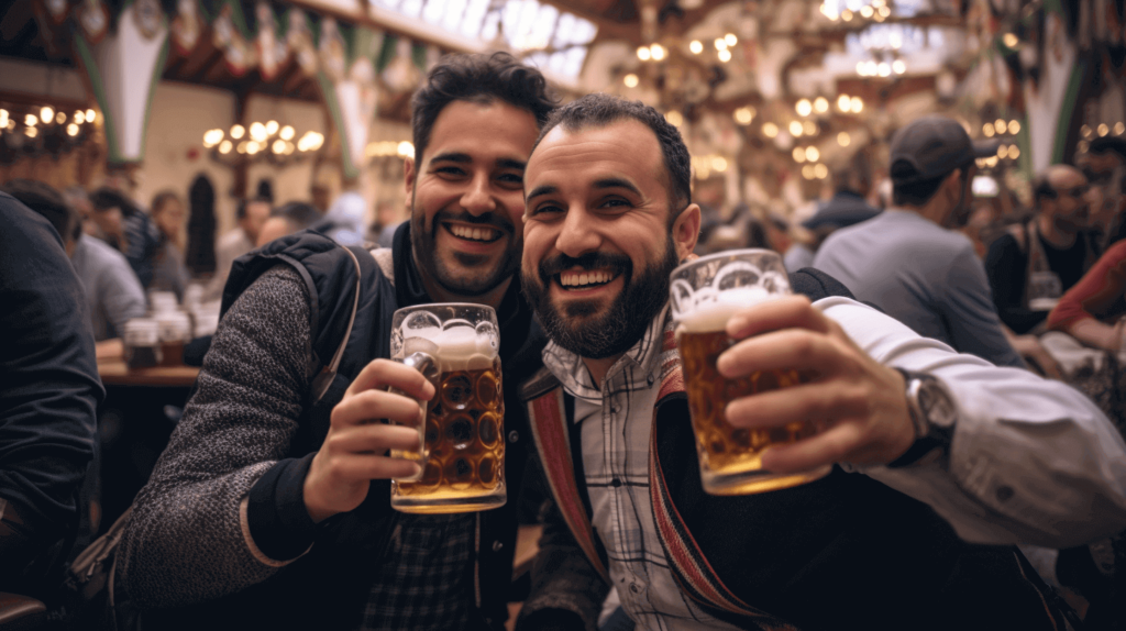two smiling men holding beers in a beer hall