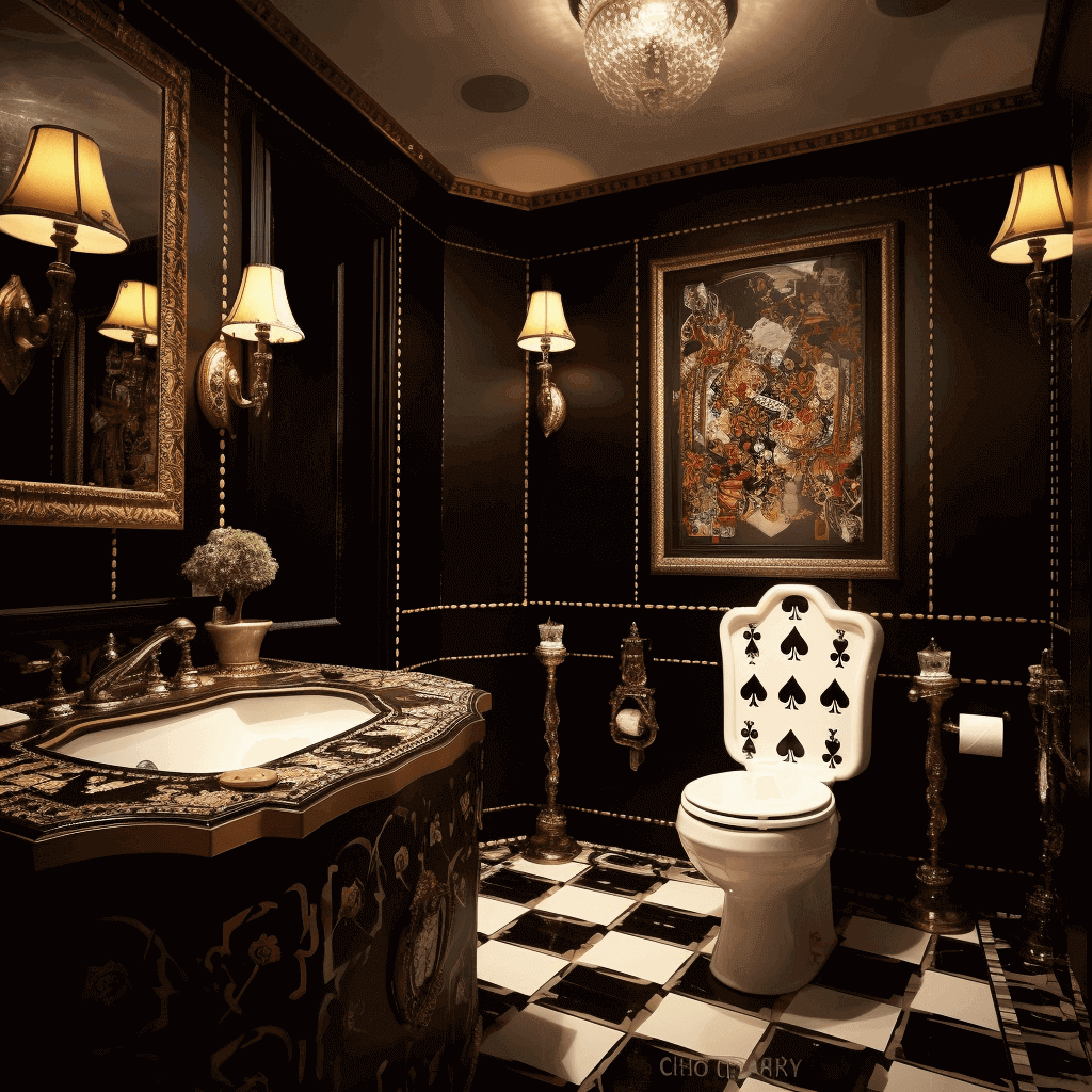 bathroom with a toilet that has playing card icons