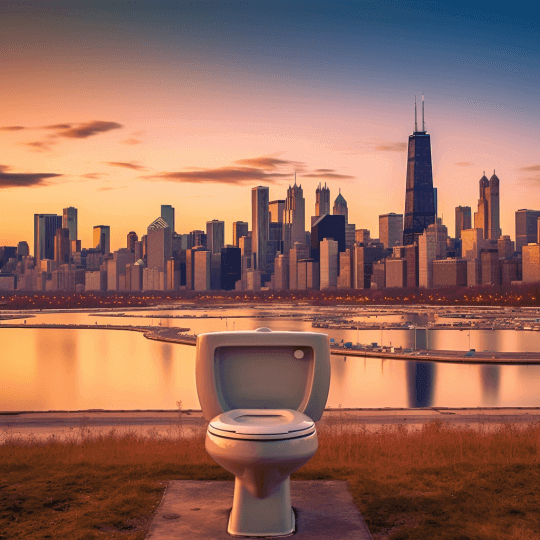 Toilet in front of a Chicago skyline
