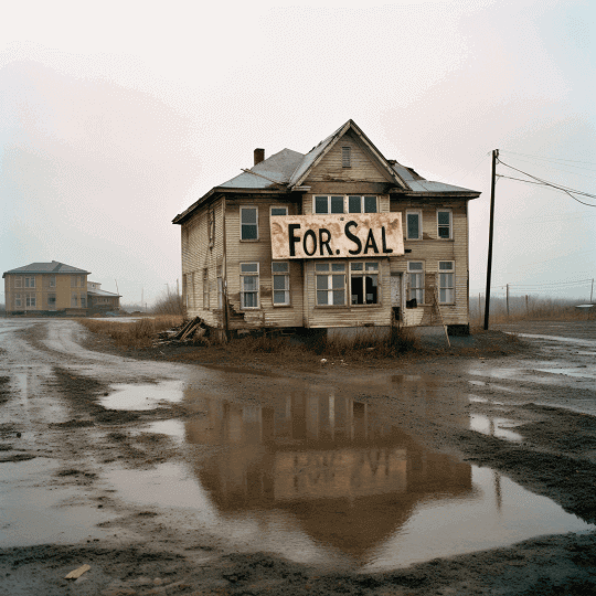 A run-down house surrounded by mud