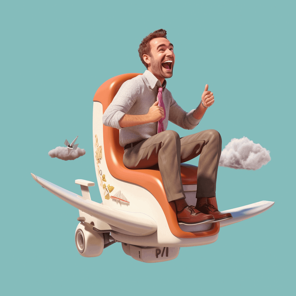 Smiling man on a toilet shaped like an airplane