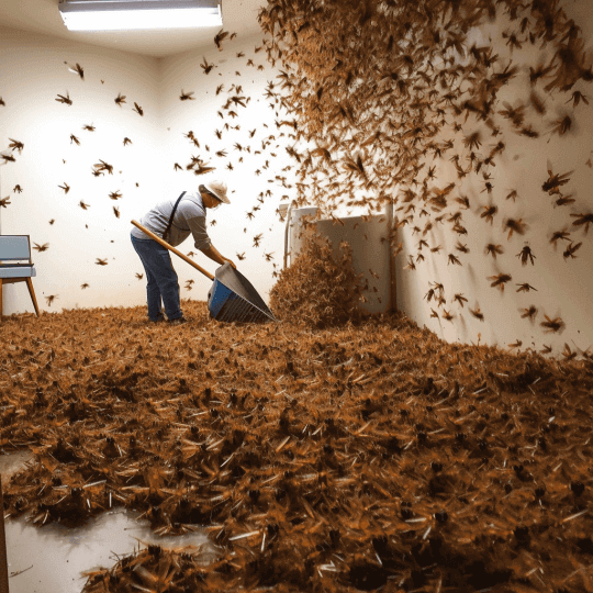 Man shoveling up crickets