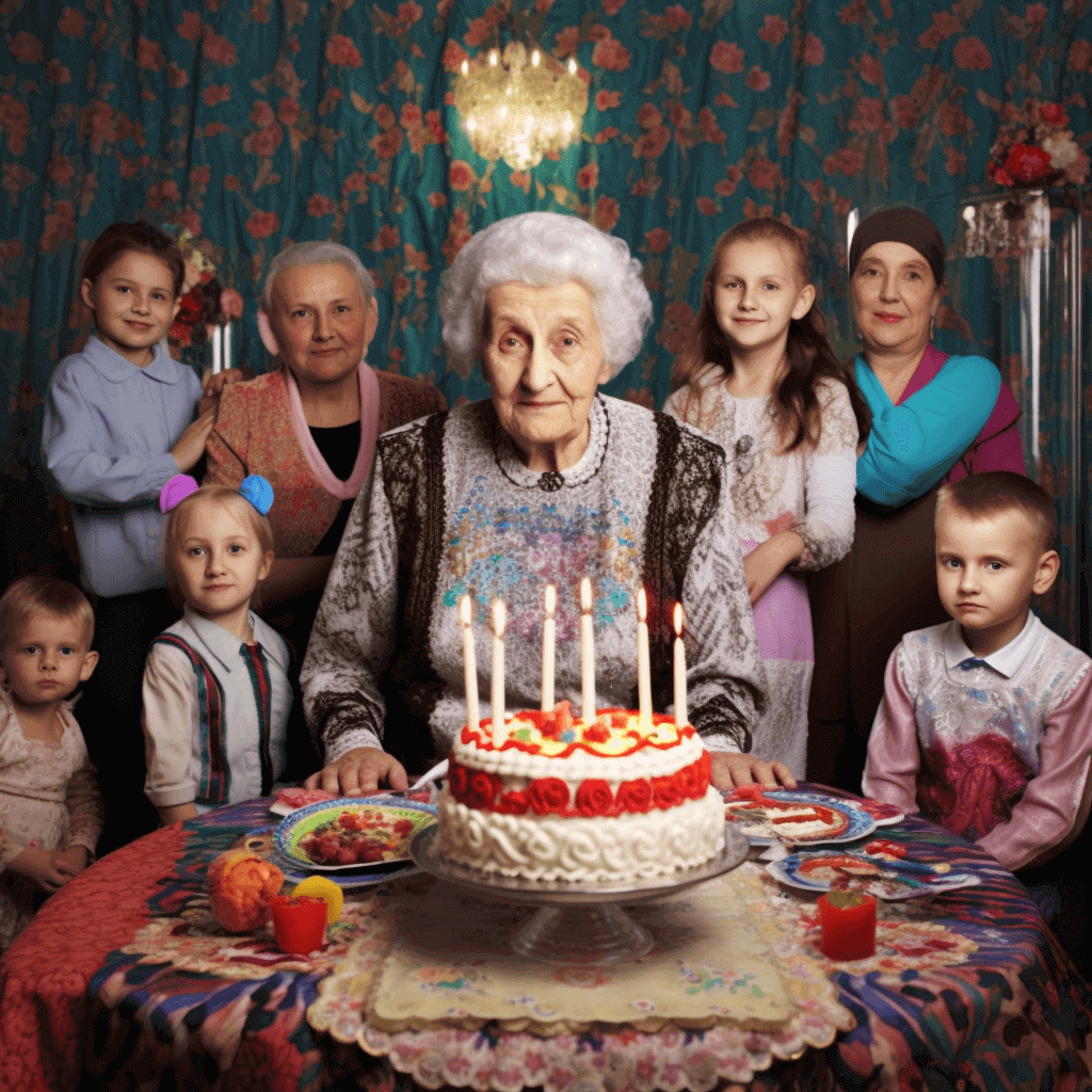 Elderly woman smiling in front of a birthday cake surrounded by adults and children