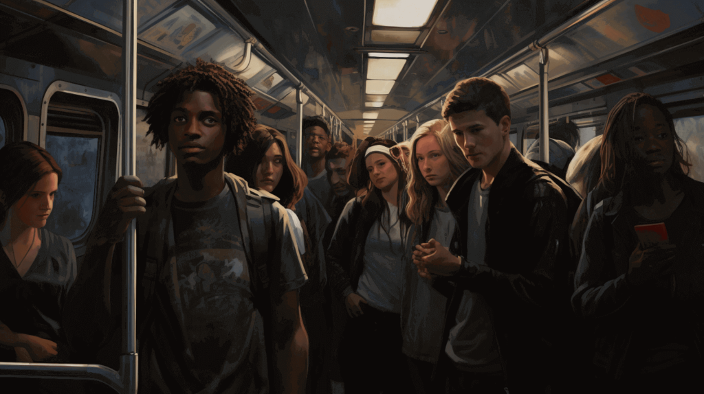 a group of young people on a crowded train